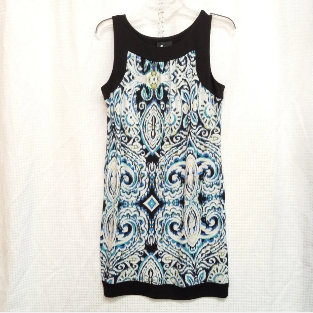 Sz Large AB STUDIO Black White Pattern Sleeveless Straight Knee Length Dress